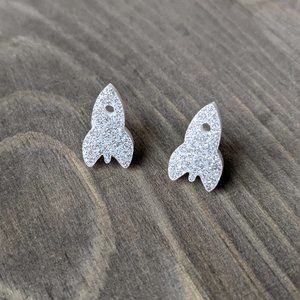 Sparkly Acrylic Rocketship Stud Earrings with Silver Glitter